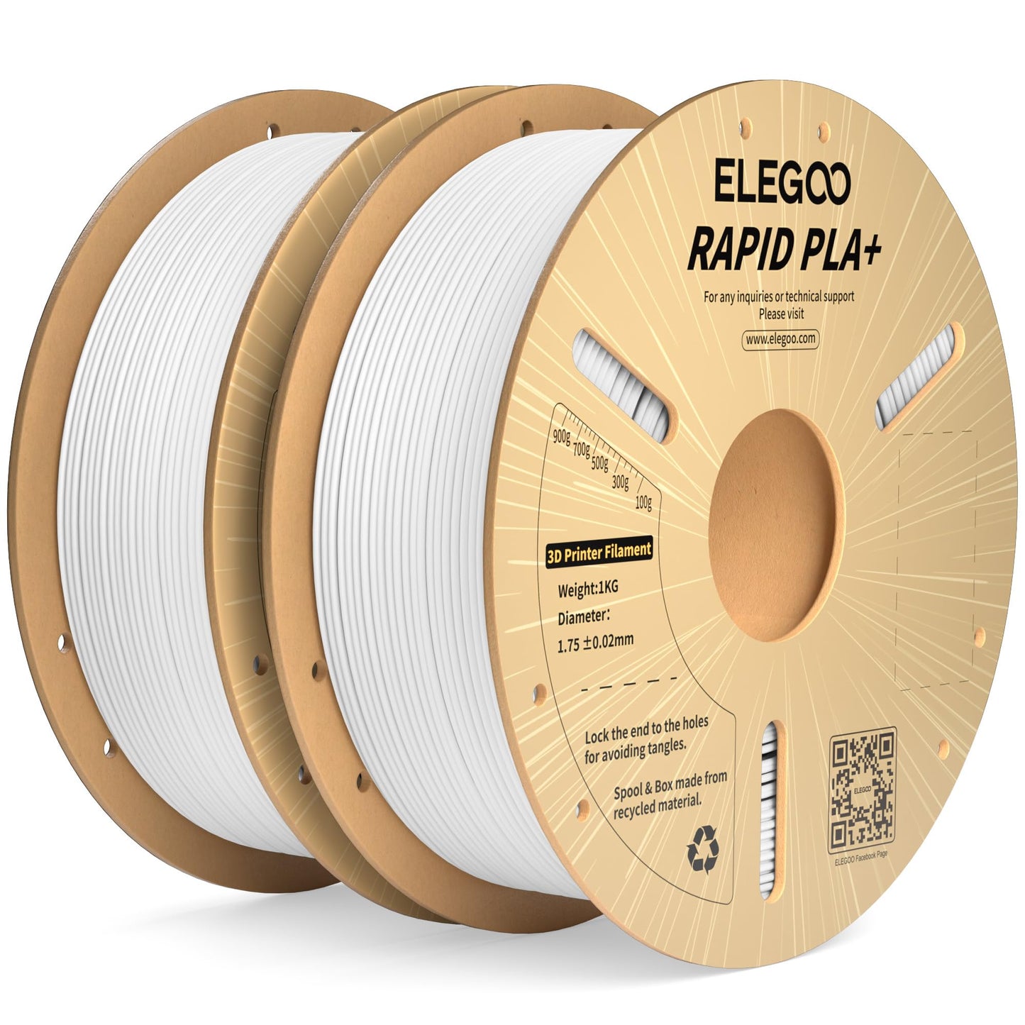 ELEGOO Rapid PLA Plus Filament 1.75mm White 2KG, PLA+ 3D Printer Filament for 600 mm/s High Speed Printing, Dimensional Accuracy