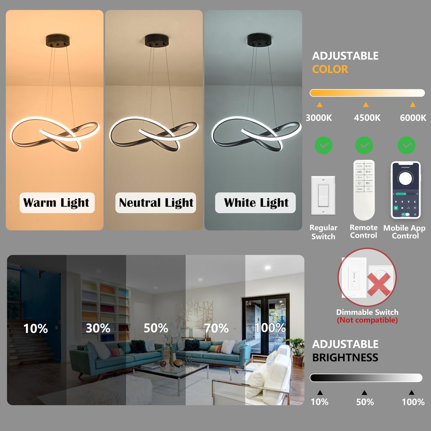 Mccokaige LED Chandelier Pendant Light Black Dimmable Remote 19.6in Adjustable Height Model SYC-50-H