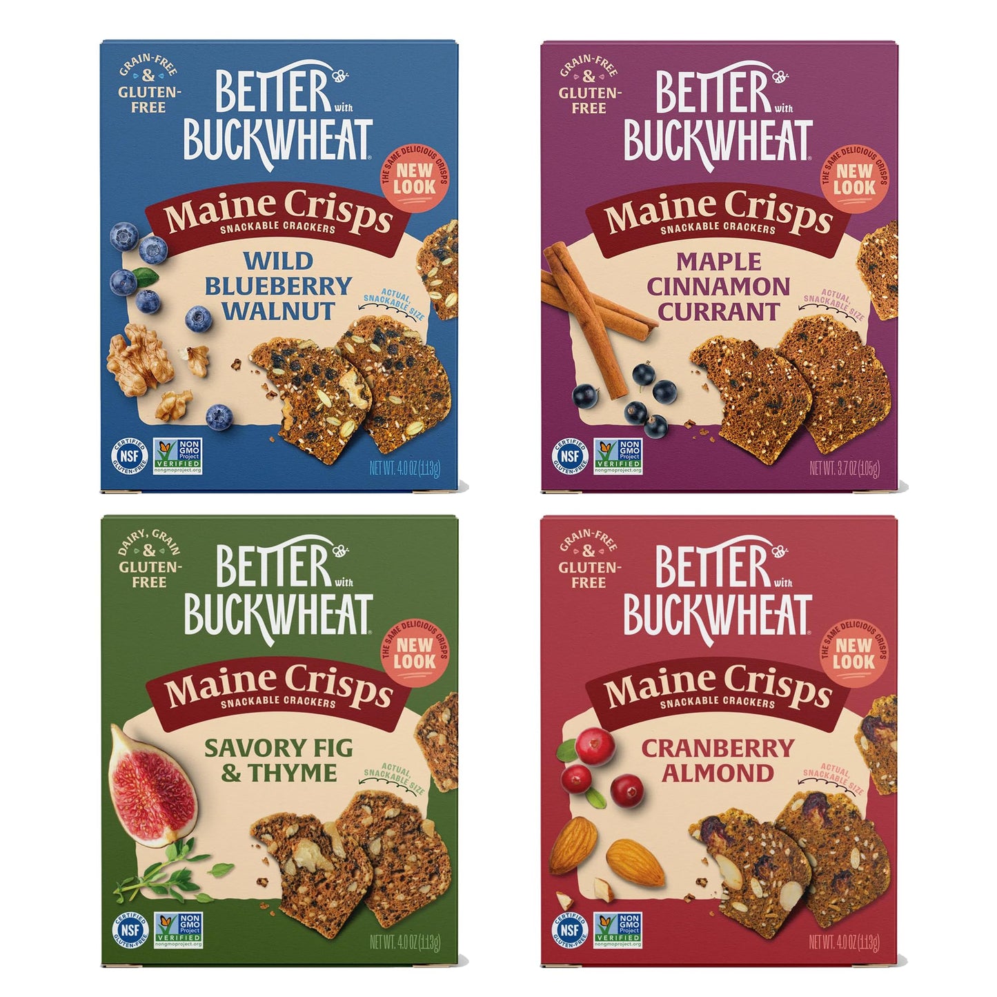 Maine Crisp Variety 4 Pack Gluten Free ers - Snack ers Grain Free Non-GMO - Cranberry Almond Cinnamon Maple Savory Fig & Thyme Wild Blueberry Walnut For Cheese Boards Salad Toppings & Jams