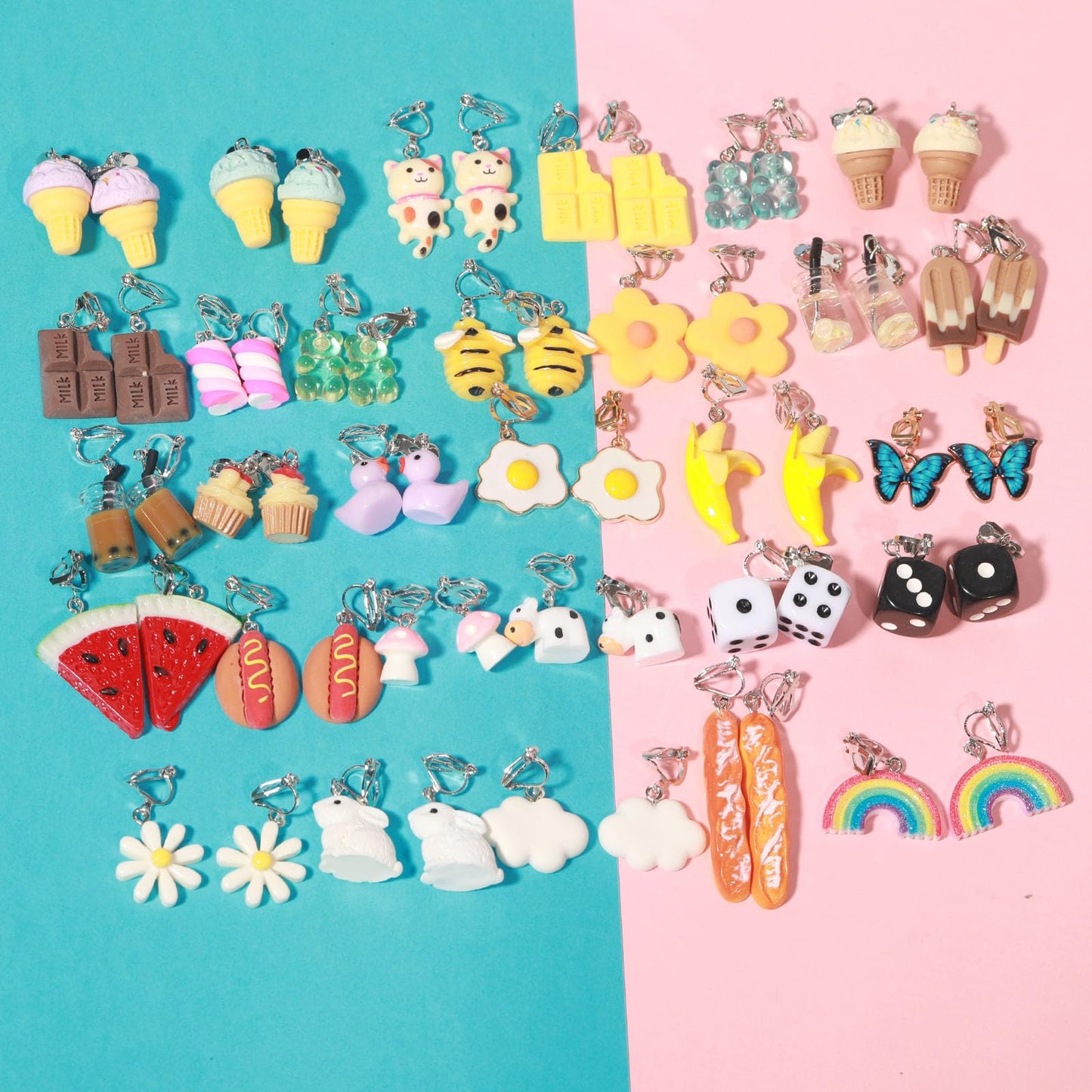 30 Pairs Clip On Earrings Cute Weird Funny Aesthetic Non Pierced Dangle Earrings Set for Women (Clip On V3)