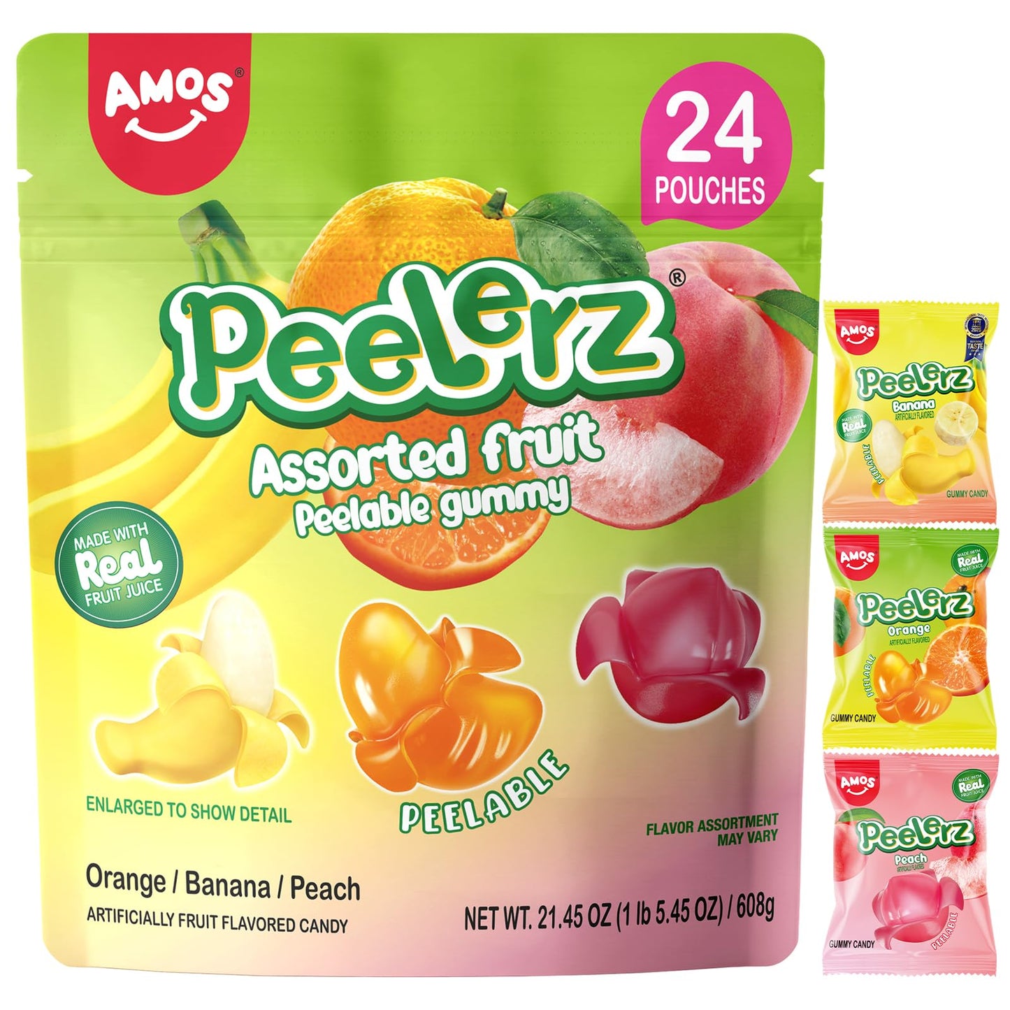 Amos Peelerz Assorted Peelable Gummy - Tropical Peeling Candy Variety Pack | Banana Orange & Peach | 24 Individual Packs (608g) | Fun Chewy & Shareable Treat