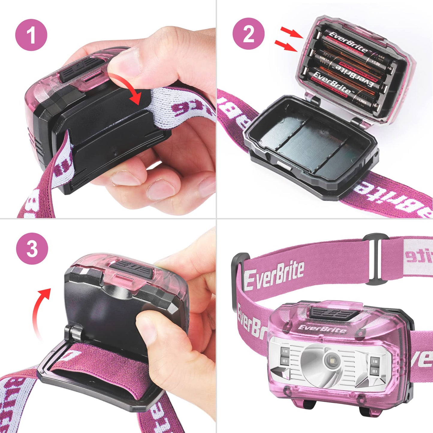EverBrite Headlamp 2 Pack Kids Headlamp with Red Light, 5 Modes, Adjustable Size, Pink, Model E001023