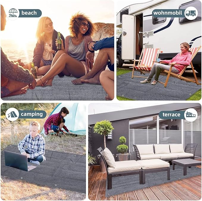 FoundGo Awning Carpet HDPE Camping Outdoor Rug with Eyelets,Nails,Broom,for RV,Patio,Backyard,Picnic,Beach,Trailer 9'*6' (2.74 * 1.83m) -Black
