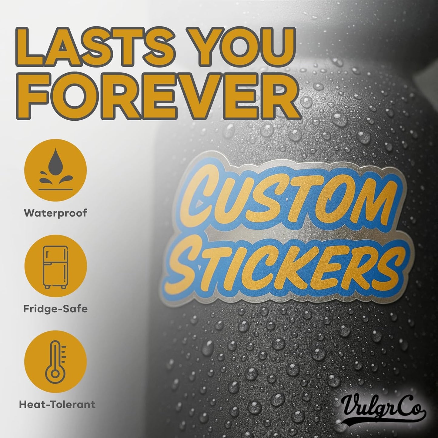 VulgrCo Custom Stickers, Set of 100 Individually Die Cut Personalized Stickers, Print Your Own Sticker, UV-Resistant Customized Sticker Labels for Jars, Laptops, Bottles & More