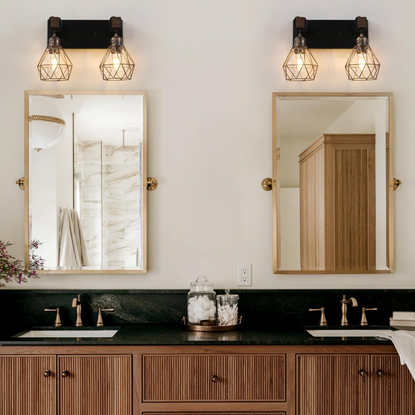 Farmhouse Vanity Light For Bathroom 2-Light Black Gold Wood Bathroom Vanity Light Fixtures Over Mirror Rustic Sconces Wall Lighting With Metal Lampshade For Living Room Bedroom Hallway