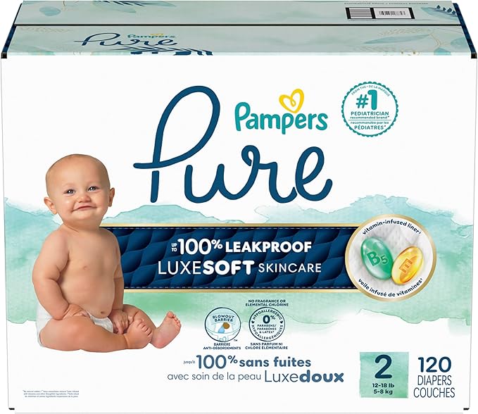 Pampers Pure Protection Baby Diapers, Size 2 (12-18 lbs), 120 Count, Up to 100% Leakproof, Premium Plant-Based Skin Protection, Hypoallergenic Soft Diapers