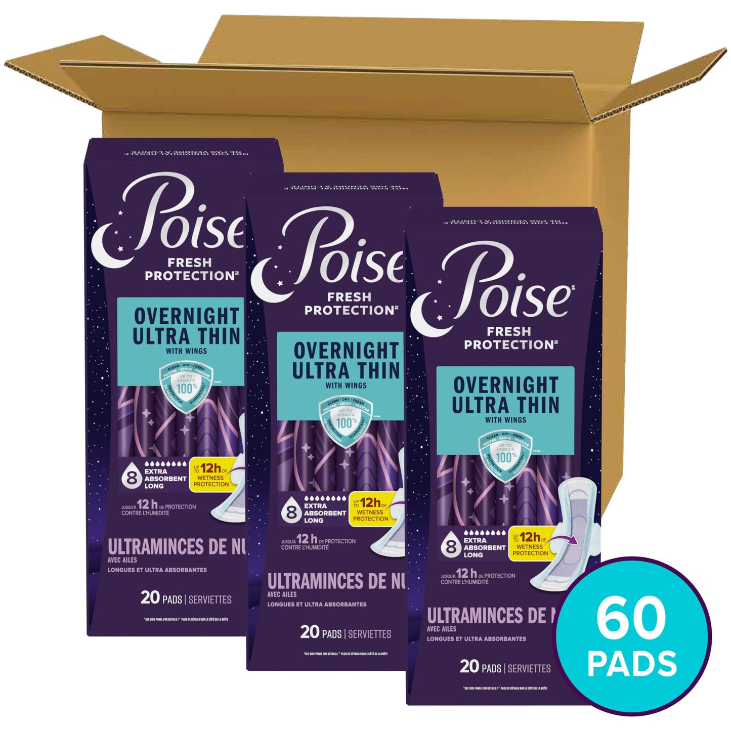 Poise Overnight Ultra Thin Incontinence & Postpartum Pads with Wings for Bladder Leaks, 8 Drop Extra Absorbent, Long Length, 60 Count (3 Packs of 20)