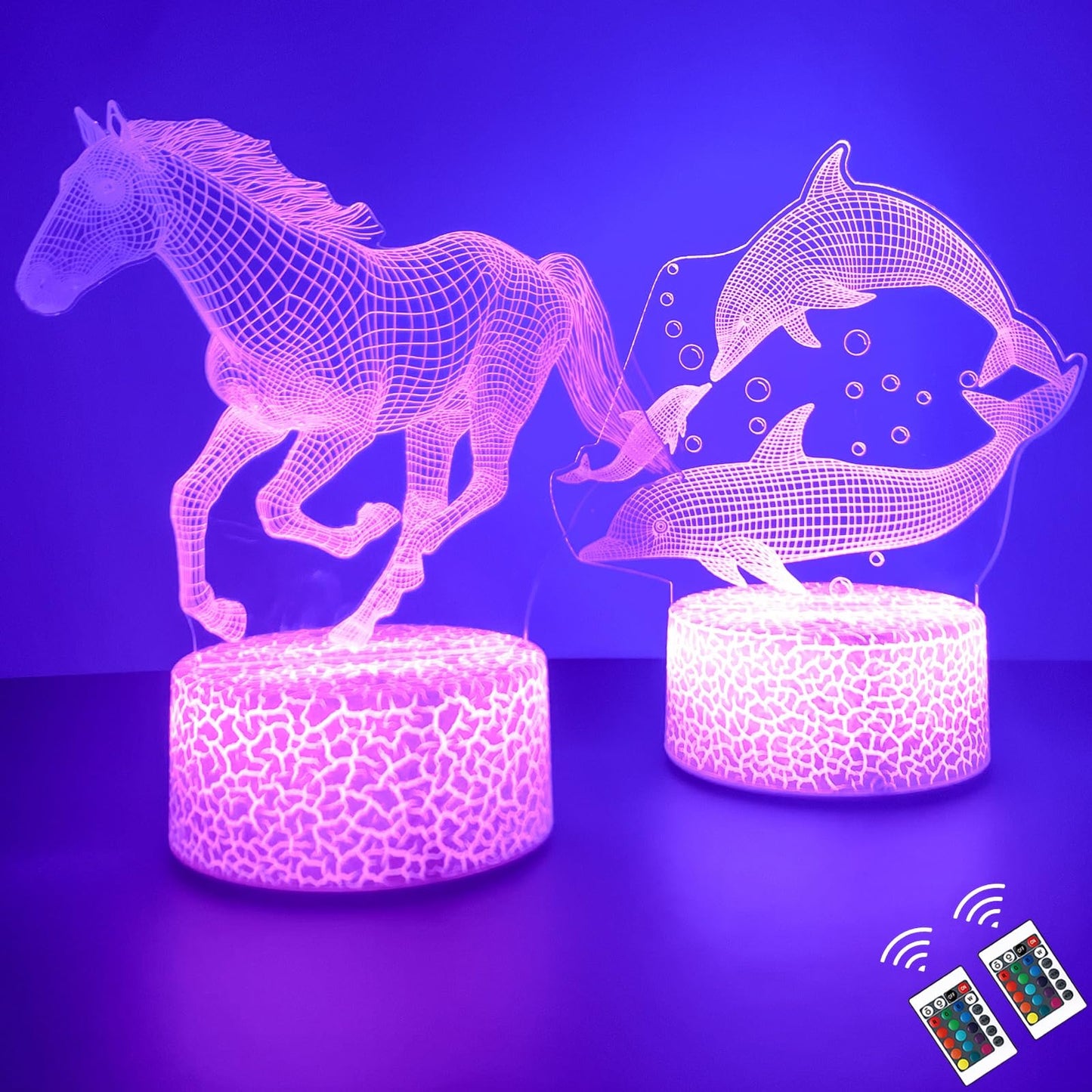 ZQX Night Light for Kids, 2 pcs 3D Optical Illusion Lamp with Horses and Dolphins Patterns, USB Rechargeable Lamp with 16 Colors