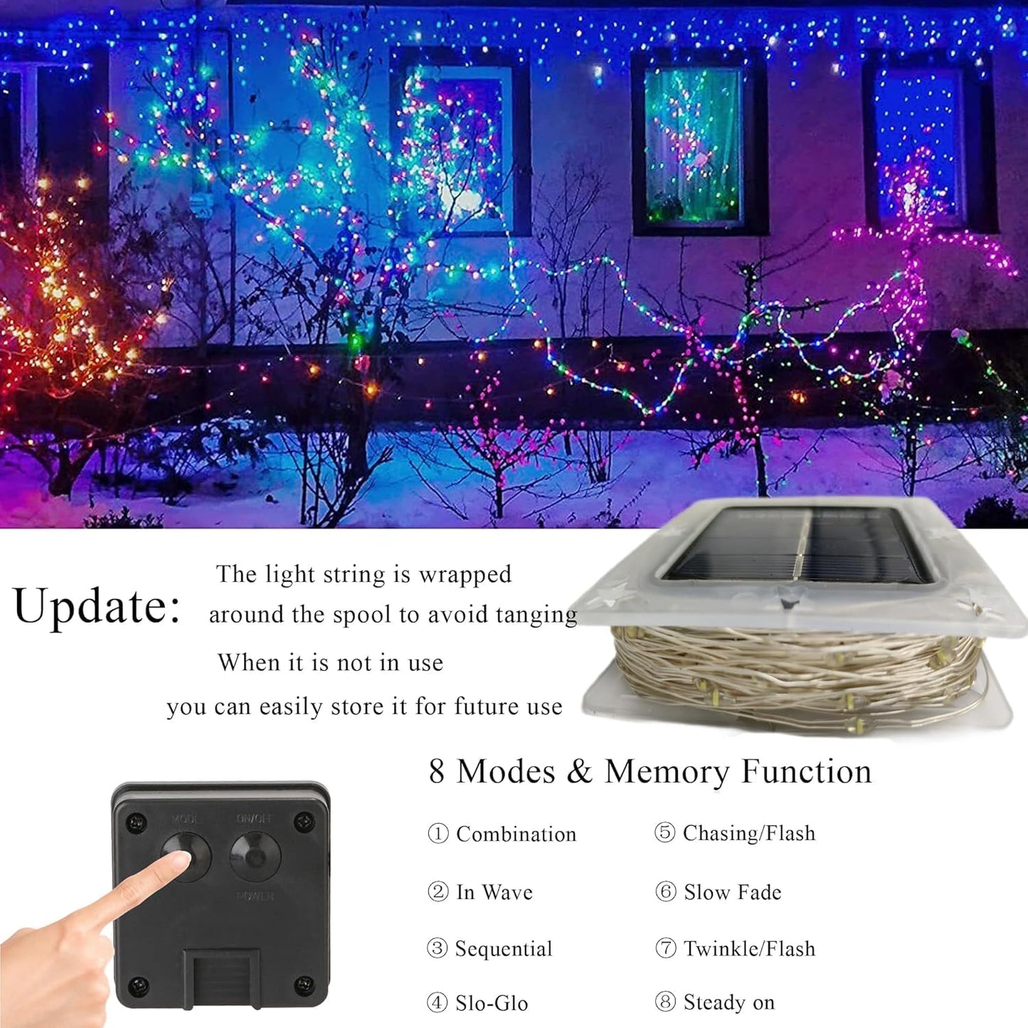 Lomotech Solar String Lights - 66ft 200LED Waterproof Twinkle Lights, 8 Modes, 2 Pack, Multicolor