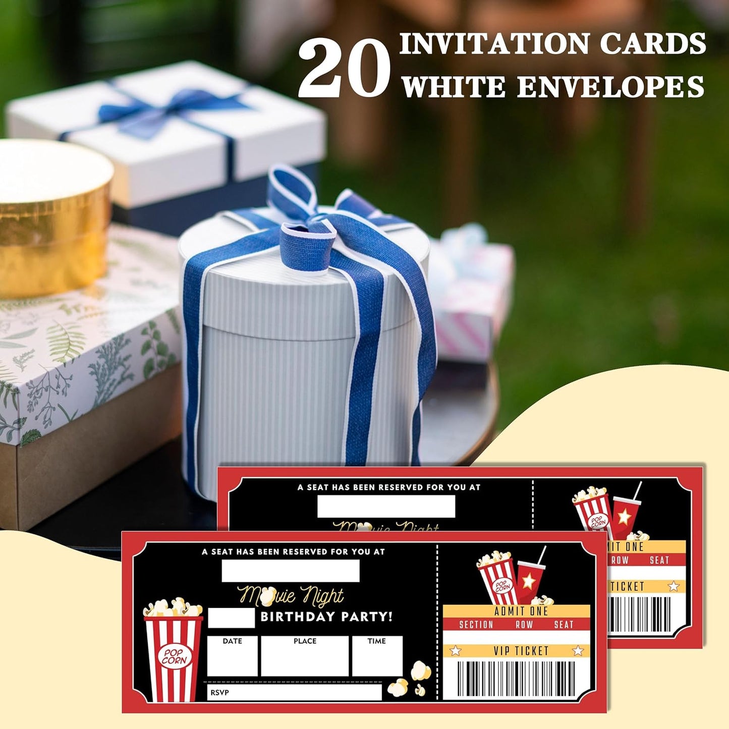 Birthday Cards-20 Movie Night Ticket Invite Cards-Red and Black Birthday Invitation with Envelopes for Movie Lovers-Party Favor & Supplies (3×8 inch)-A02