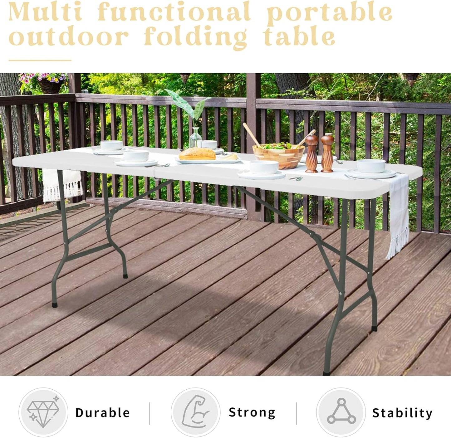 Set of 2 Folding Table 5 FT Camping Table Portable Heavy Duty Plastic Rectangular Outdoor Dining Table Steel Legs Fold-in-Half with Carrying Handle for Indoor,Picnic,Party,Wedding,Events(White)