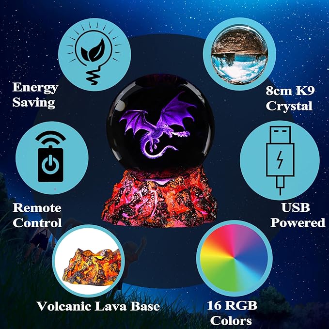 Dragon Night Light, 3.15 Inch (80mm) K9 Crystal Upgraded Volcanic Lava Base 3D Lamp with Remote 16 Color for Birthday Xmas Cool Figurines Dragon Gifts for Room Decor Boys Girls