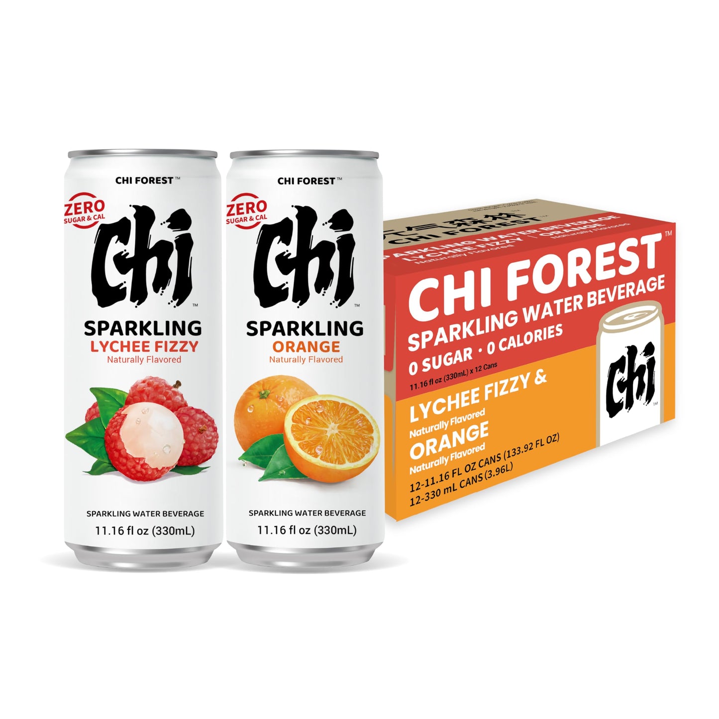 CHI FOREST Sparkling Water Beverage Lychee & Orange drinks Zero Sugar or Artificial Flavor 11.16 fl oz Cans (Pack of 12)