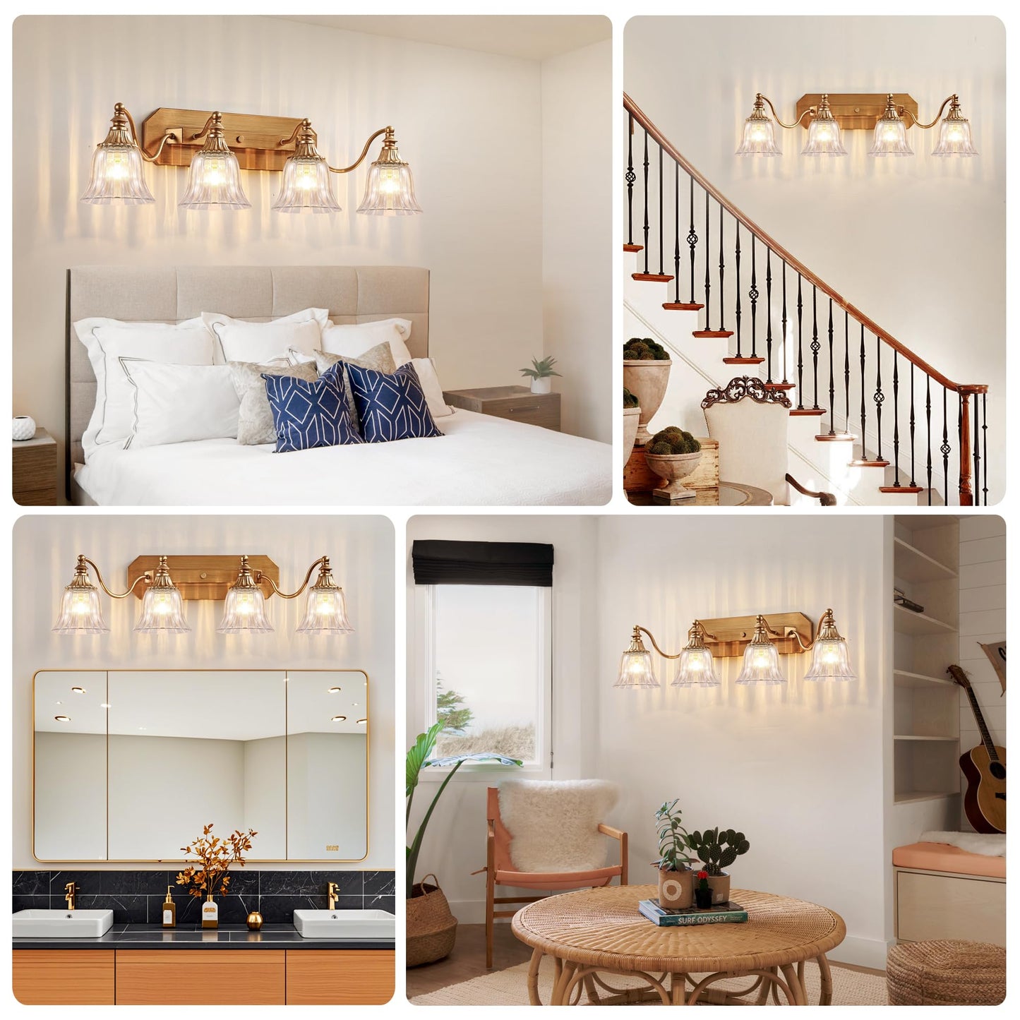 Dvmteom Gold Vintage Bathroom Light Fixtures 4-Lights Bathroom Vanity Light Antique Brushed Gold Lighting Fixtures Over Mirror With Crystal Glass Shade Wall Sconce Lighting