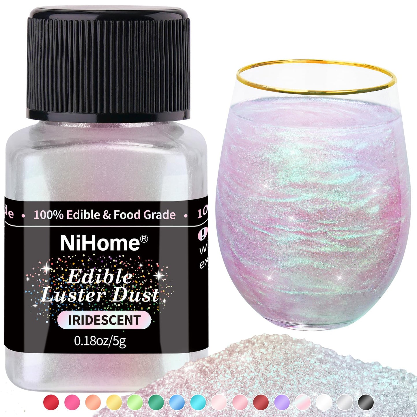 NiHome Edible Food-Grade Glimmer Powder Glitter Luster Dust Metallic Food Decorating Sprinkle Glimmery Dust for Drink Wine Beverage Cake Candy Dessert Bakery Restaurant Vegan (0.18oz/5g Iridescent)