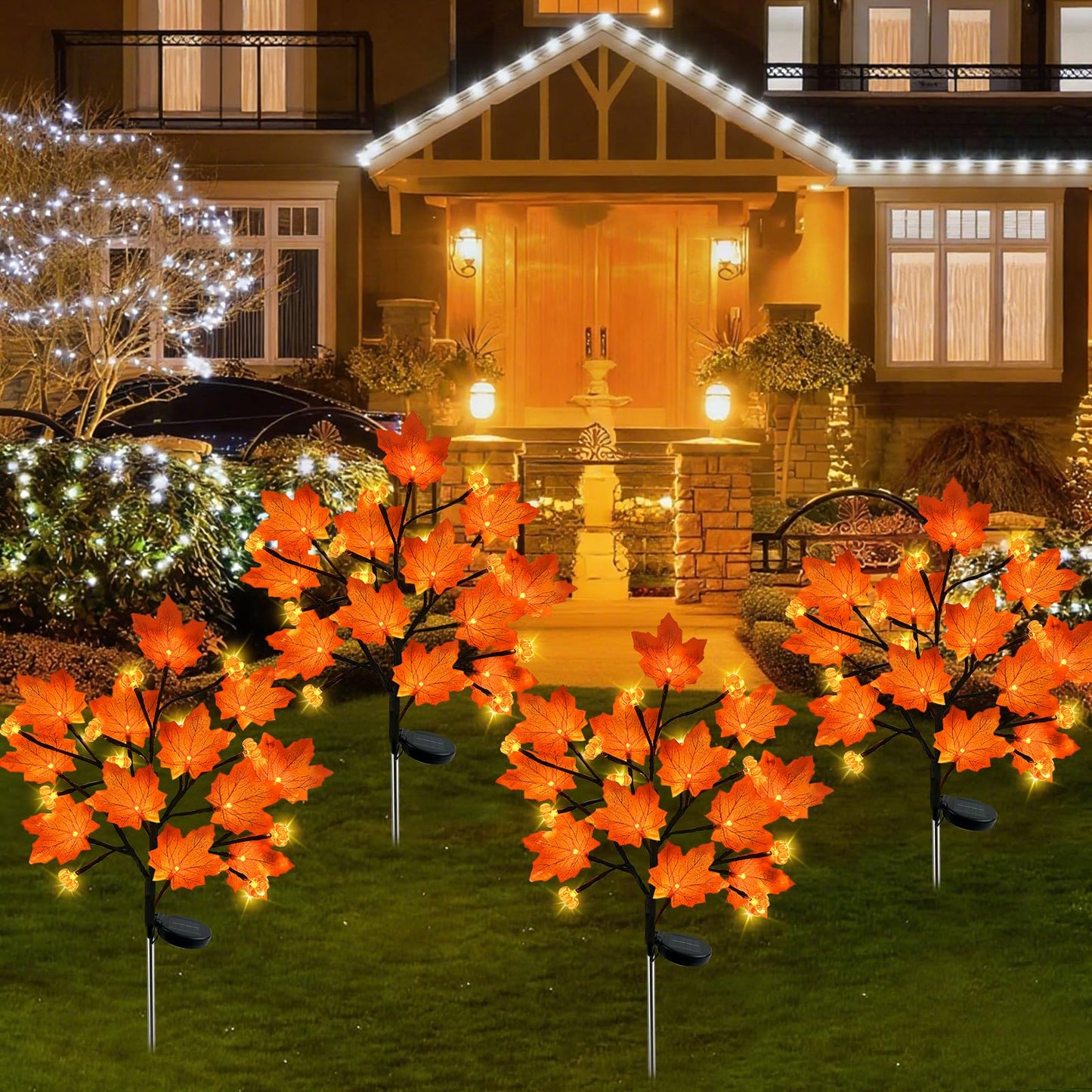 Laiamer 4Pack Fall Solar Lights Outdoor Decorative Waterproof 80Led Orange Solars Lights Outdoor With 8 Modes Pumpkin Solar Light For Fall Yard Outside Halloween Thanksgiving Decorations