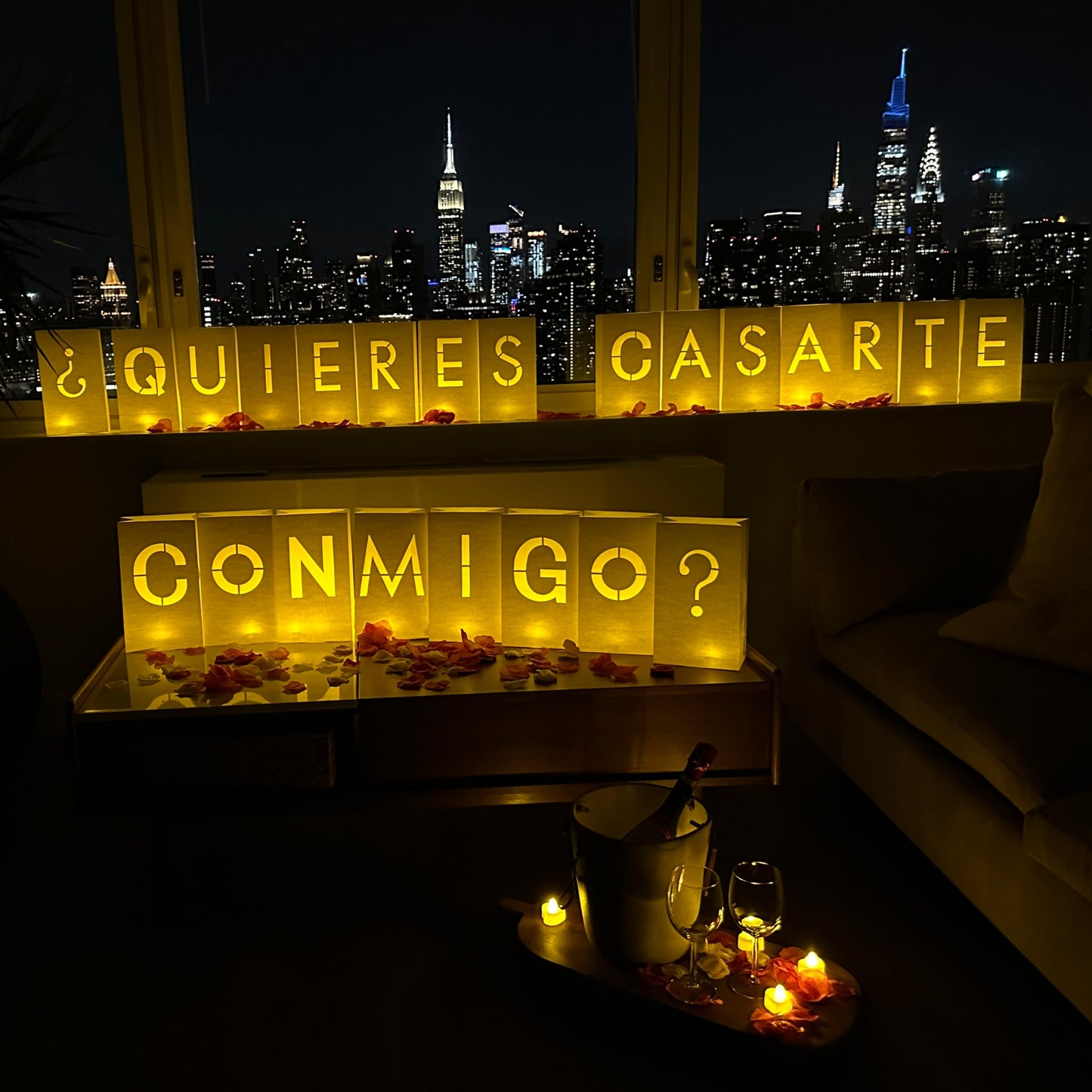 WYMM Marry Me Light Up Letters, White Paper Sign, "Quieres Casarte Conmigo?" Romantic Proposal Decor with Tea Lights and Rose Petals