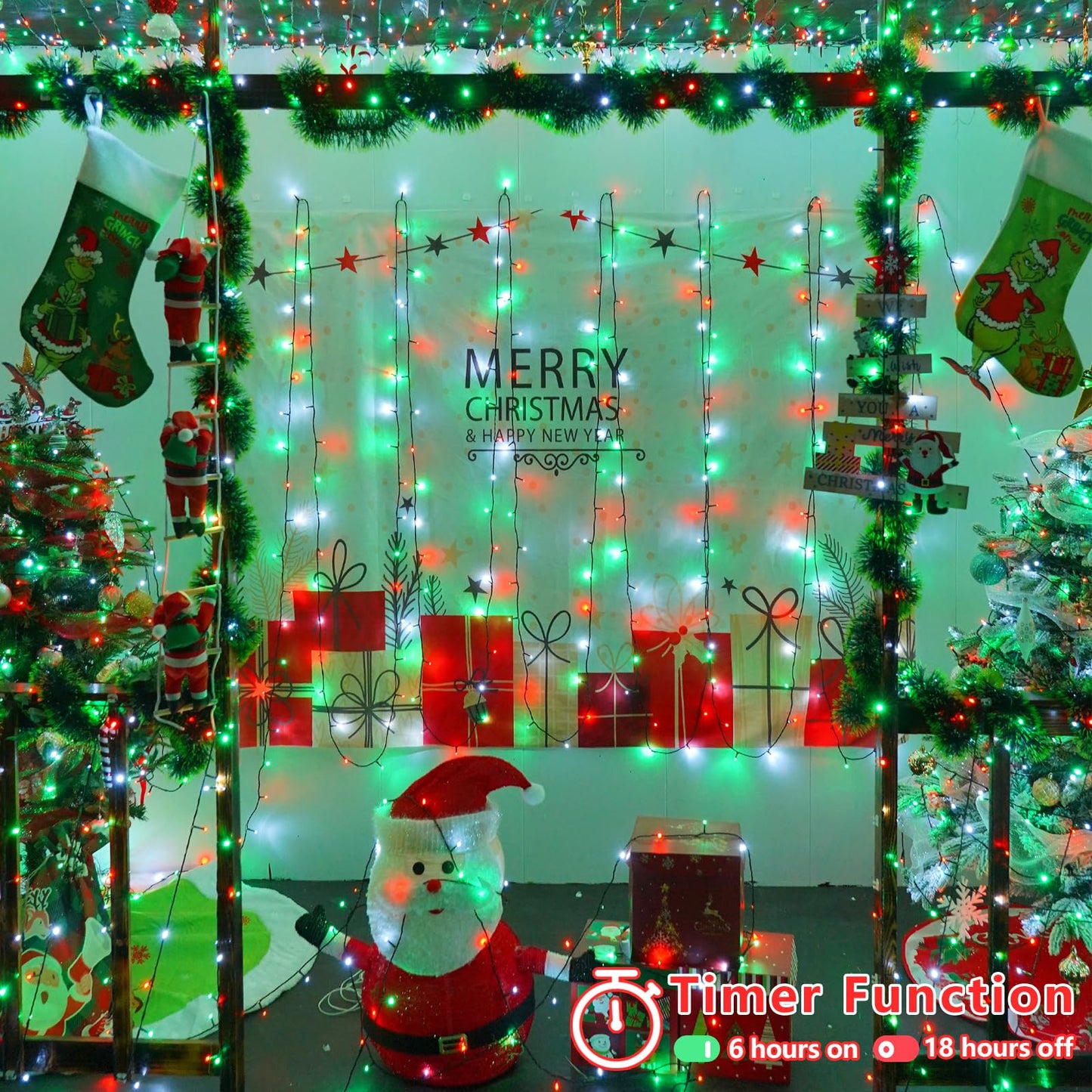 Yeguo 165Ft 500 Led Christmas Lights Outdoor Waterproof 8 Modes Red White And Green String Lights Plug In Green Wire Twinkle Tree Lights Indoor With Timer Memory