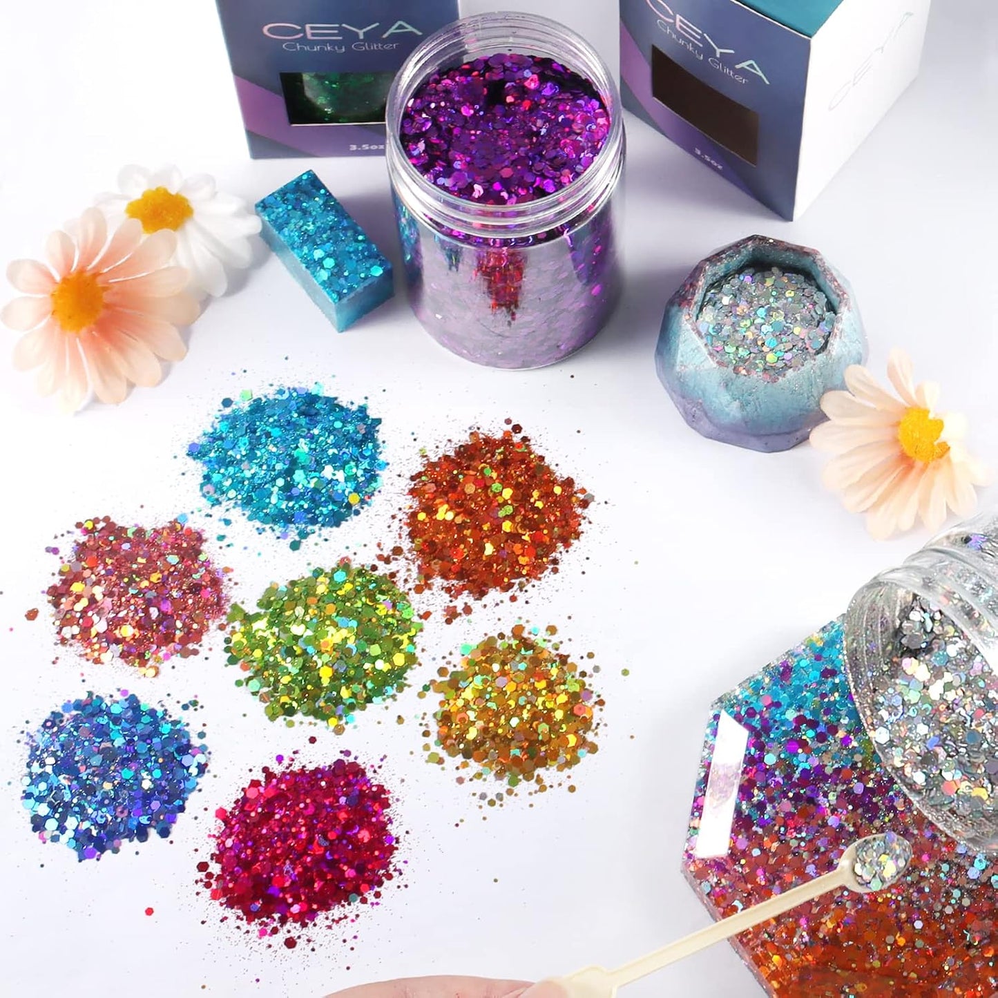 Ceya Holographic Chunky Glitter, 4.9oz/ 140g Blue Craft Glitter Powder Mixed Chunky & Fine Flakes Iridescent Nail Sequins for Nail Art, Hair, Epoxy Resin, Tumblers, Slime, Painting, Festival Decor