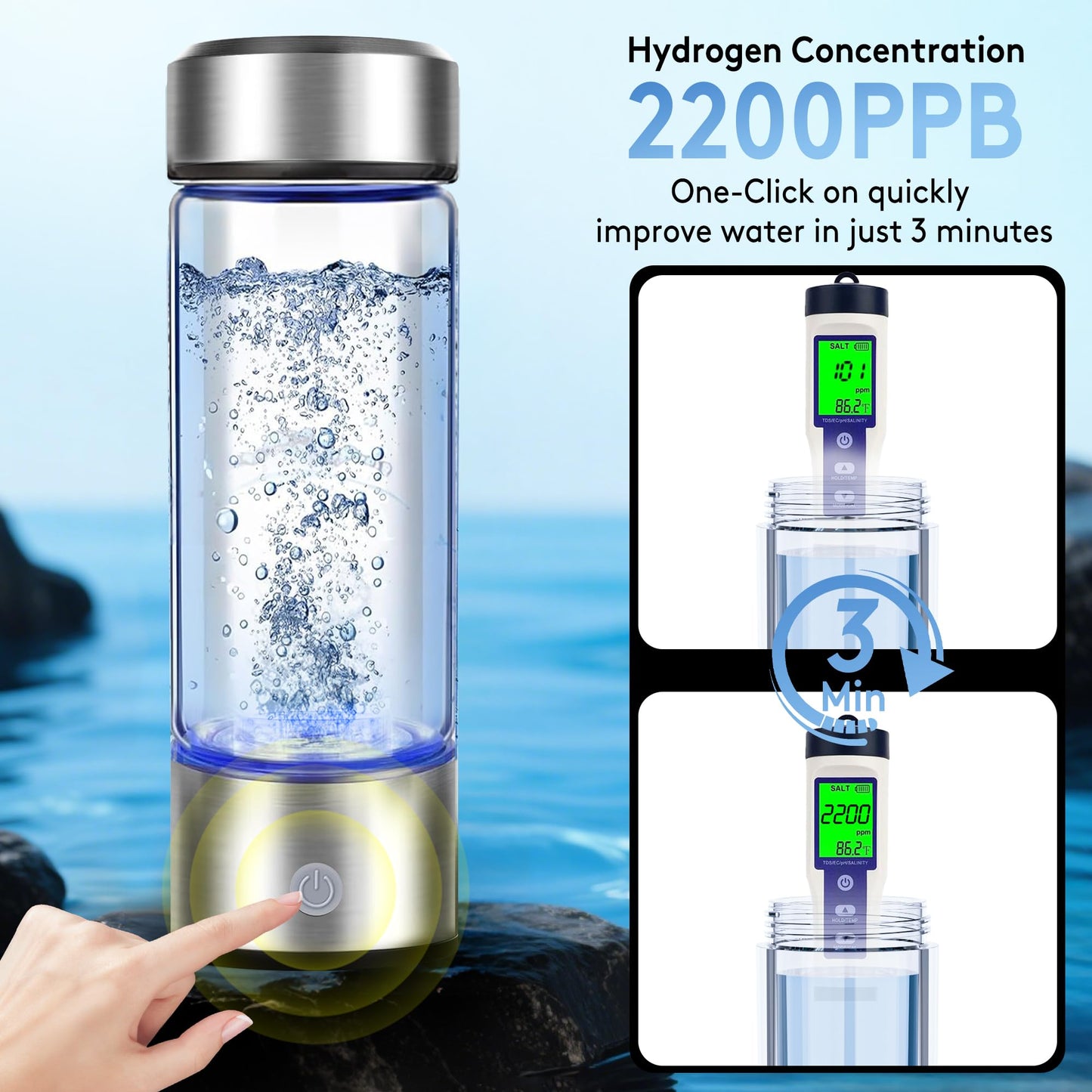 2025 New Hydrogen Water Bottle, 2200PPB in 3Min, SPE PEM Tech, Portable 16OZ, Rechargeable Hydrogen Water Bottle for Travel, Home, Office ā Gift for Family & Friends (Silver)