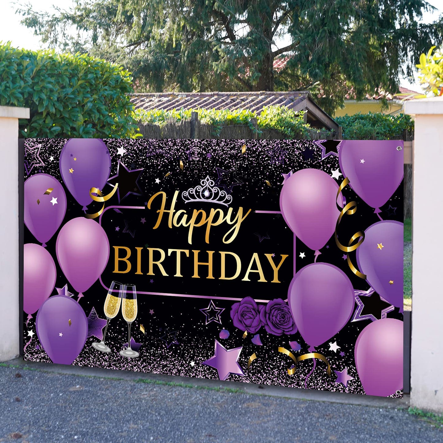 Frienda Purple Birthday Banner Purple Happy Birthday Decorations For Women Backdrop Banner Sign 72.8 X 43.3 Inch Photo Photograp