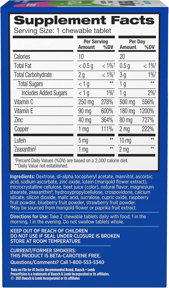 PreserVision AREDS 2 Eye Vitamins, Chewable Lutein and Zeaxanthin Supplement with Vitamin C, Vitamin E,Zinc, and Copper, Mixed Berry, 70 Tablets
