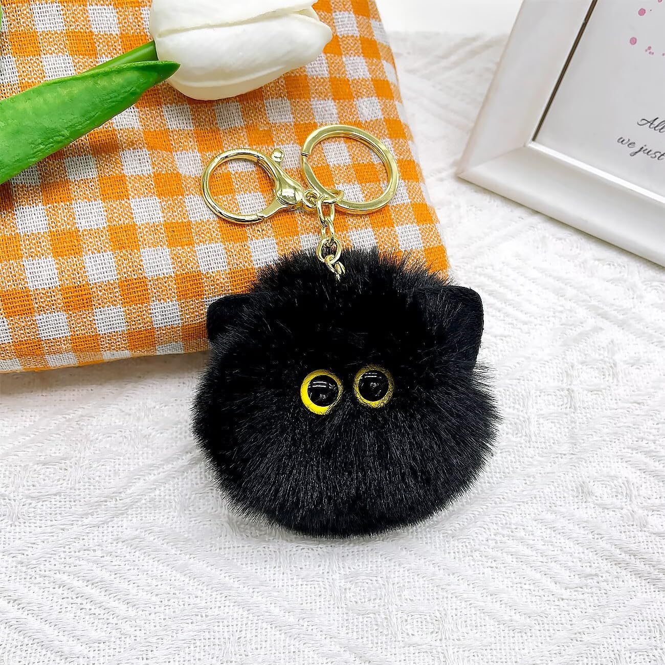 TVRTFQ Cute Cat Head Plush Keychains Black Cat Pom Pom Keychain Creative Animal Car Keychain Mini Cartoon Kawaii Backpack Pendant Birthday Fashion Gift for Women (1, Black)