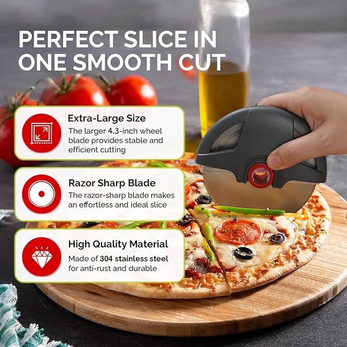 Pizza Cutter Wheel, 4.3" Large Pizza Slicer Wheel with Safety Blade Cover, Super Sharp Stainless Steel Pizza Wheel Slices Effortlessly, Easy Cleaning Pizza Cutters Dishwasher Safe, Gray