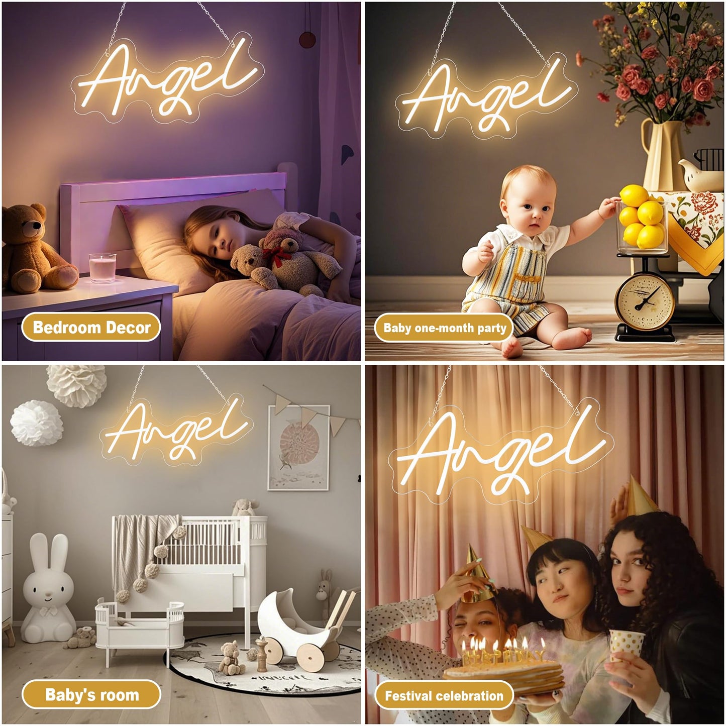 JIURUIFFC Angel Neon Sign, Warm White, Dimmable USB Powered Wall Decor, 16.5 x 7.8 inches, for Kids Room, Birthday, Wedding Party
