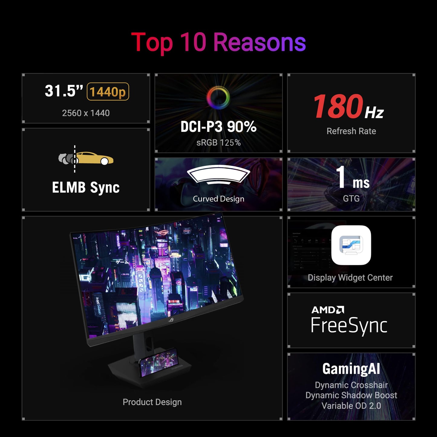 ASUS ROG Strix 32” 1440P USB-C Curved HDR Gaming Monitor (XG32WCS) - QHD, 180Hz, 1ms, Fast VA, Extreme Low Motion Blur Sync, FreeSync, DisplayWidget, Tripod Socket, AI Technology, 3 yr Warranty
