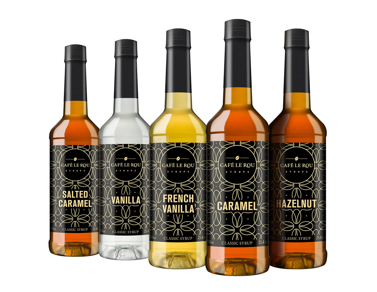 Caf? Le Rou Coffee Syrup Variety 5-Pack- 25.4 oz Vanilla French Vanilla Caramel Salted Caramel Hazelnut Coffee Flavoring Syrup for Coffee Tea and Espresso