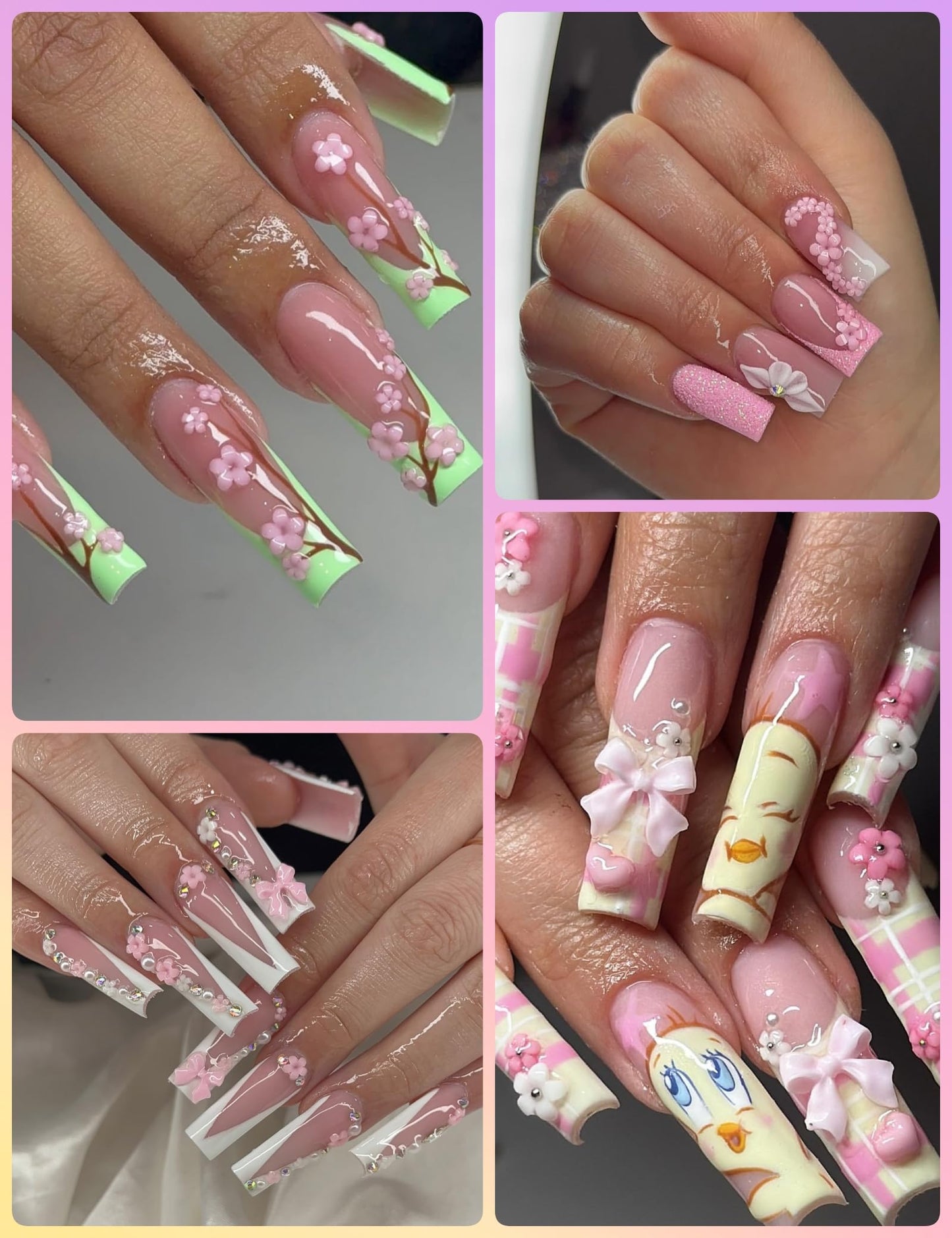 OPMADM 3000 Pcs 3D Flower Nail Charms and Gems 24 Grid Charms for Nails Design Colorful Nail Art Charms 4 Styles of Big and Smal