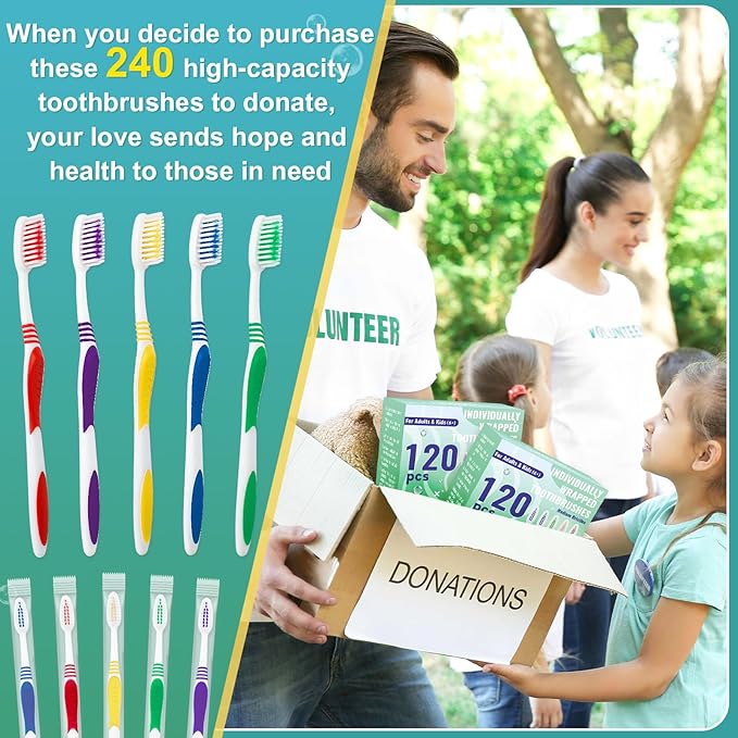 240 Pcs Toothbrush Bulk Disposable, Travel Toothbrushes Pack, Soft Bristle Individually Wrapped and Good Cleaning for Kids, Adult and The Elderly. Suitable for Hotel, Travel, Home, Donated