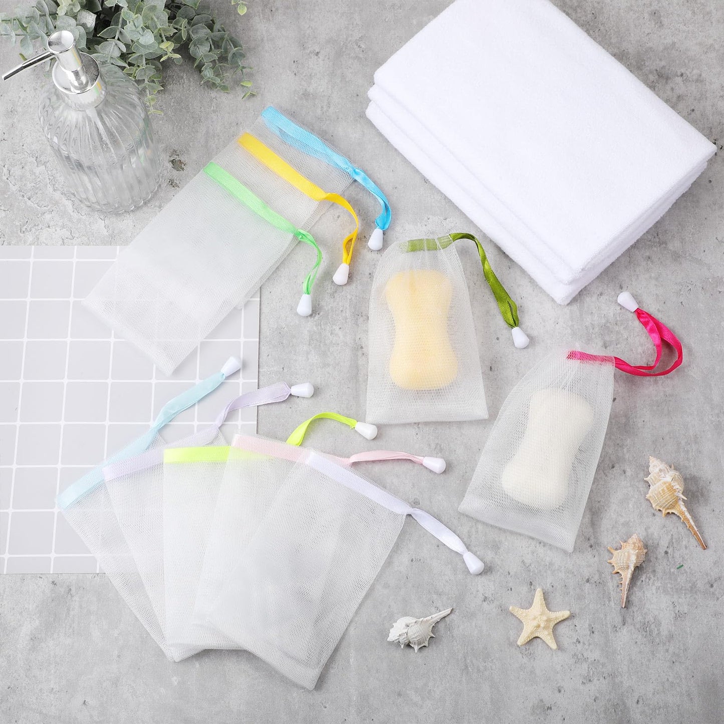 Sunnyray 50 Pcs 10 Colors Soap Bag Soft Handmade Soap Bubble Mesh Bags Exfoliating Mesh Pouch with Drawstring for Foaming and Dr