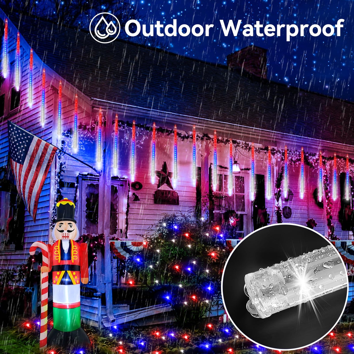 KNONEW 40 Tube LED Meteor Shower Lights, Red White Blue, Waterproof Outdoor Decor for 4th of July, Model KN-1000-LIG168-01