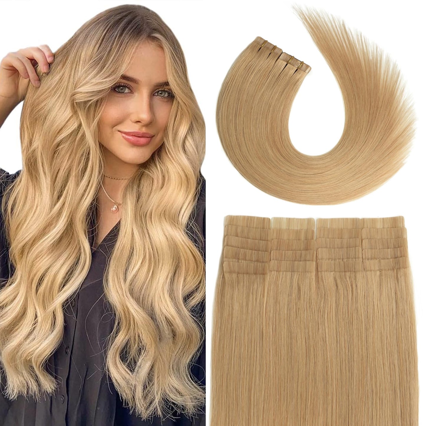 Aison Honey Blonde Tape in Hair Extensions 100% Strawberry Blonde Remy Human Hair Extensions Silky Straight for Women 20 Pcs/Pac