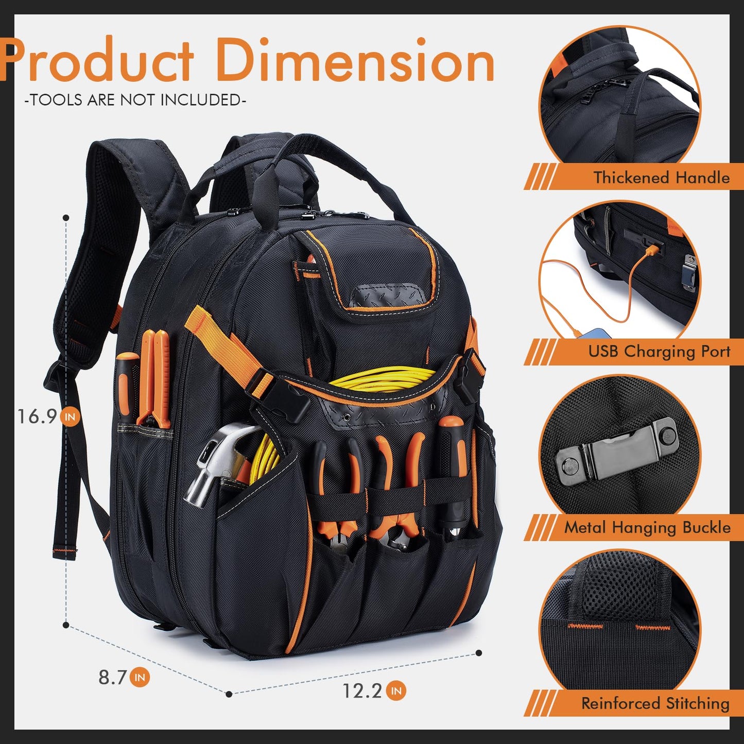 BAGZY 52 Pockets Tool Bag Backpack for Men Tool Backpack Heavy Duty Storage Organization Tool Bags Heavy Duty with Waterproof Molded Base for Electrician Repairman Industrial & Construction Work Black