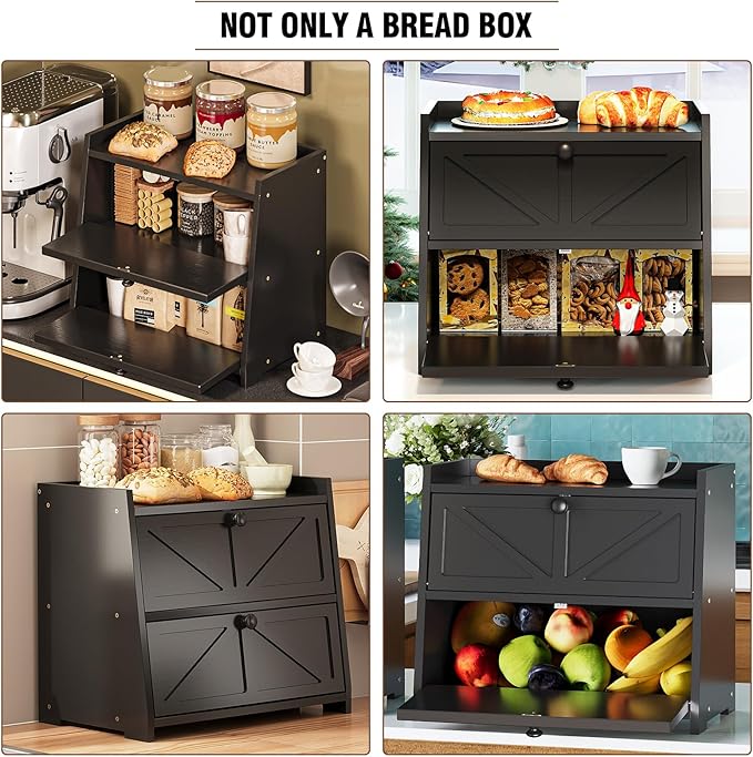 Vintage Double Layer Bread Box for Kitchen Counter Bamboo Bread Storage Container Large Capacity Bread Storage Bin (Black)
