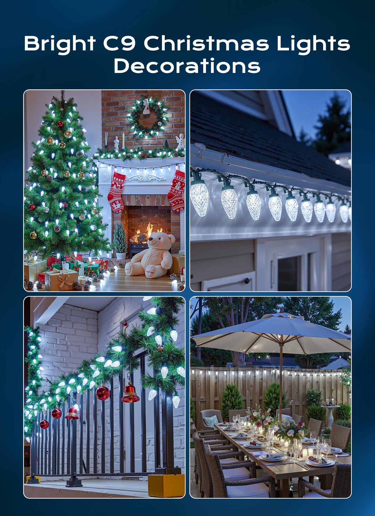 Minetom C9 Christmas Lights Outdoor 100 Ft 150 Led Connectable C9 String Lights With 8 Modes And Timer Extendable Xmas Tree Patio Roofline Garden Yard Holiday Party Indoor Outdoor Decoration White