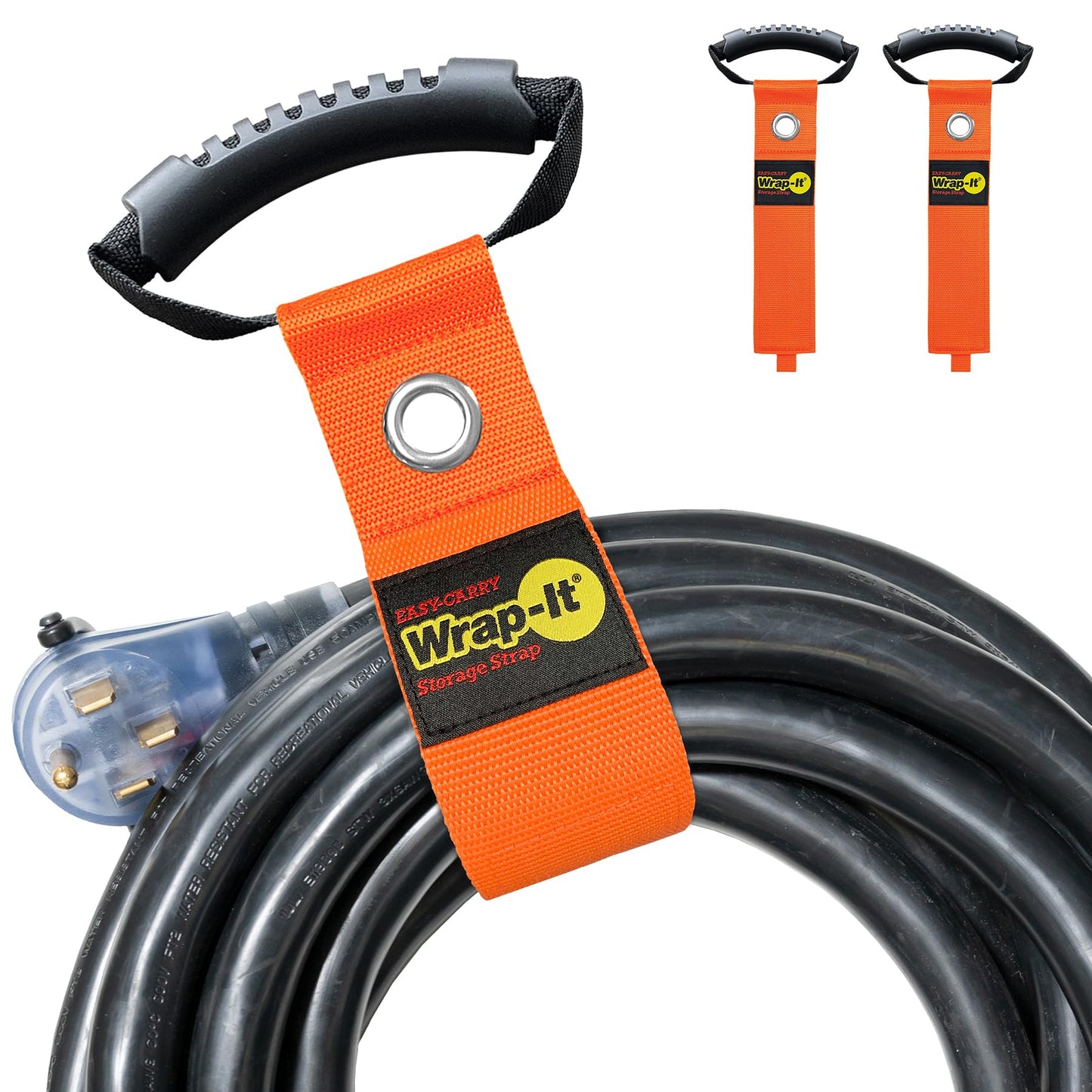 Easy-Carry Wrap-It Storage Straps - 22 (2-Pack) Blaze Orange with Grommet - Extension Cord Storage Holders and Carrying Strap
