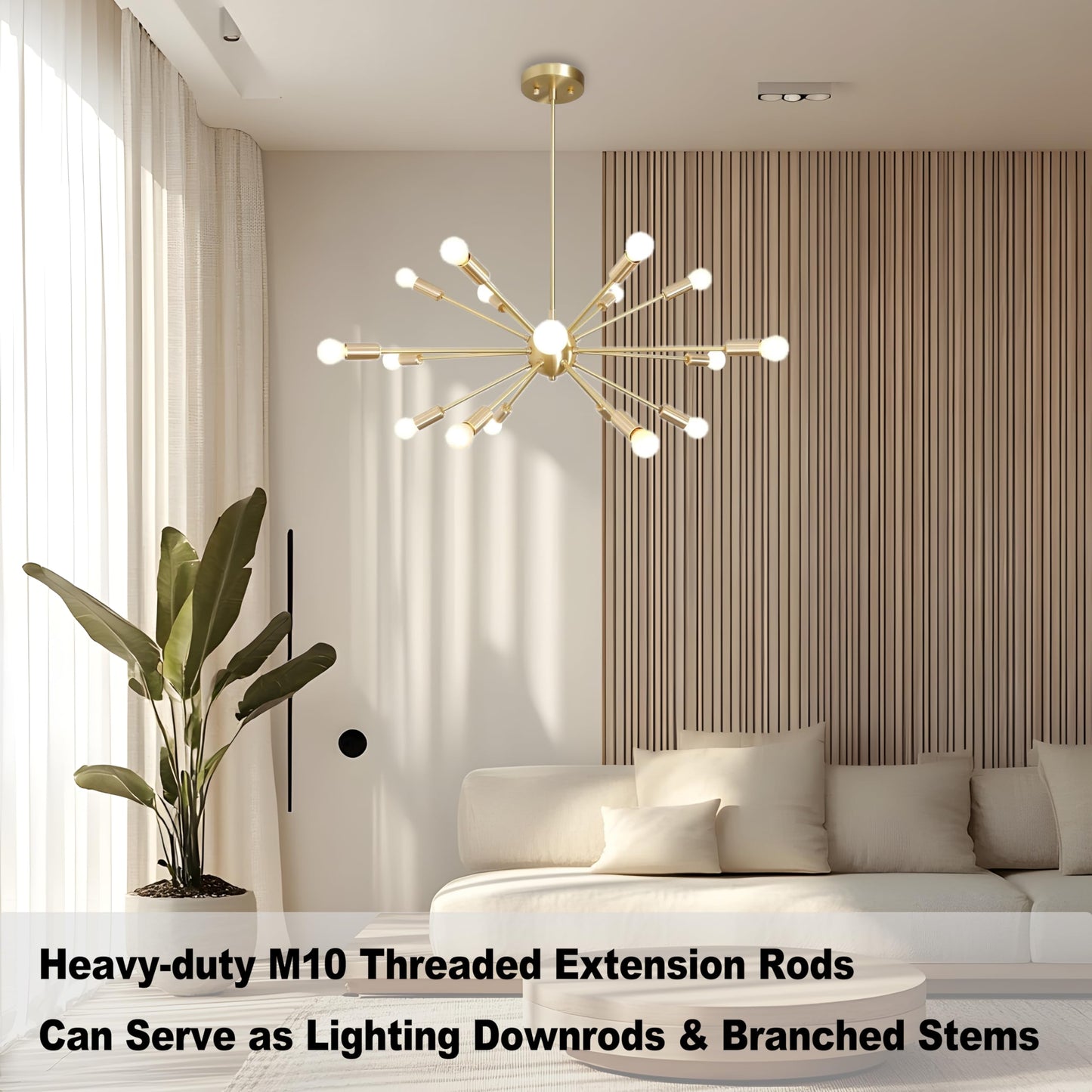 M10 Threaded Extension Poles Lighting Fixture Downrods Stems & 180 Degrees Sloped Ceiling Adapter Kits For Pendant Light Island Lighting Chandeliers (Brass)