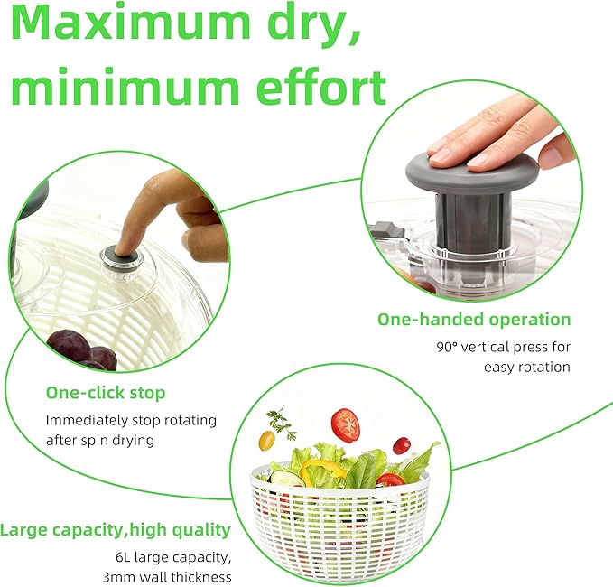 Salad Spinner, Lettuce Spinner with Push-Button Lid and Non-Slip Base, Vegetable & Fruit Washer Bowl, Efficient Spin Dryer and Strainer for Salad Greens and Fruits (6.3QT)