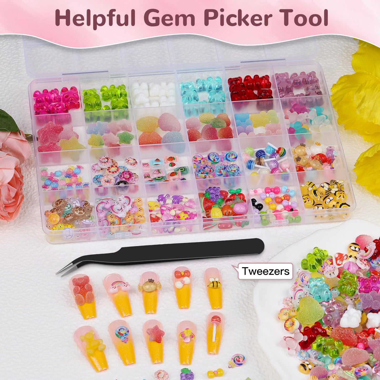 230 Pcs Kawaii Nail Charms Mixed Clear Gummy Bear Beads and Heart Star Flatback Resin Charms, Cute 3D Sugar Bee Bow Slime Charms
