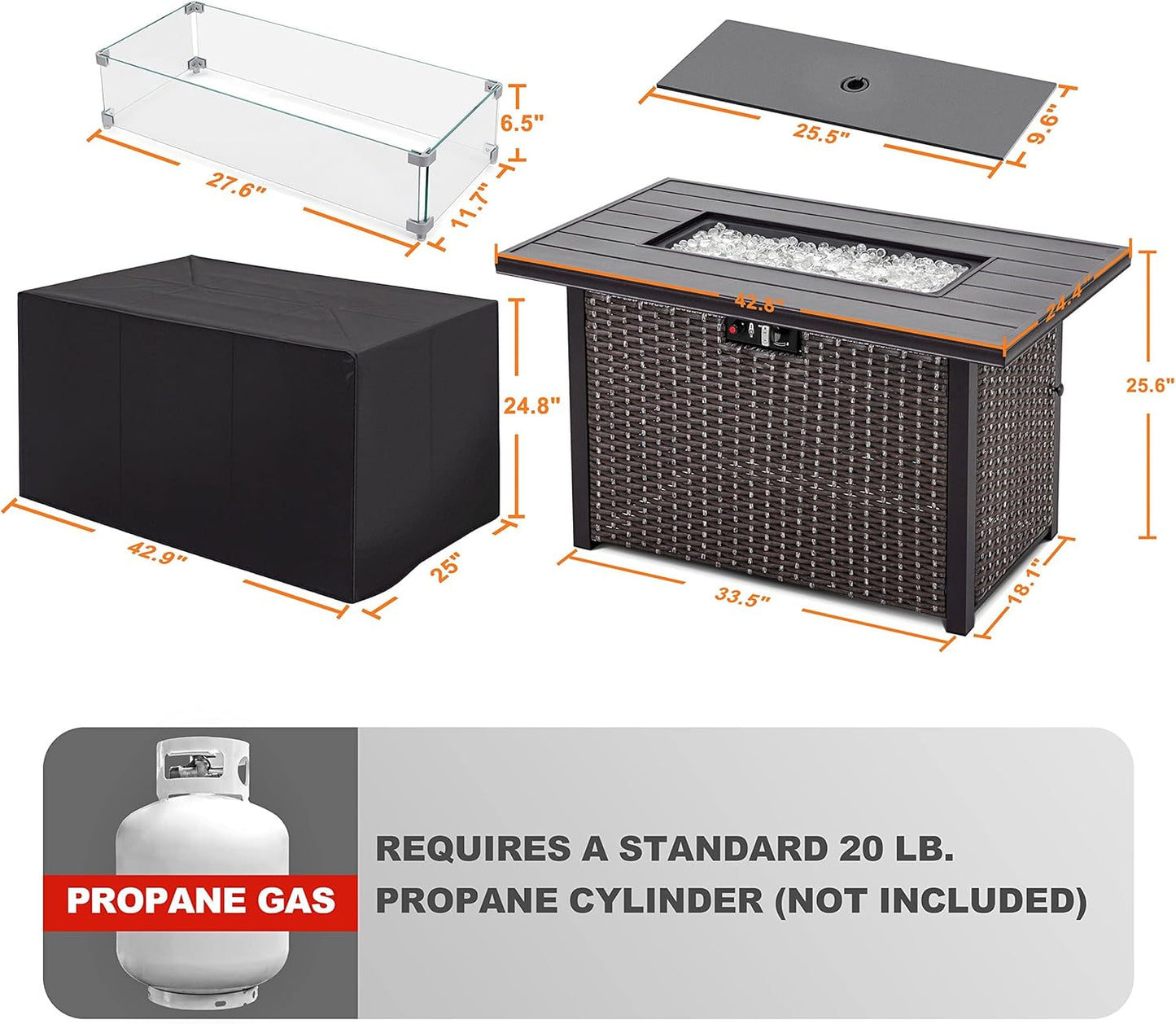 Nuu Garden Outdoor 43 Inch 50,000 BTU Propane Gas Fire Pit Table, Aluminum Tabletop and PE Rattan Weaved Steel Frame, Water-Proof Oxford Cover, Glass Fire Pit Wind Guard, Glass Beads, Lid, Dark Brown