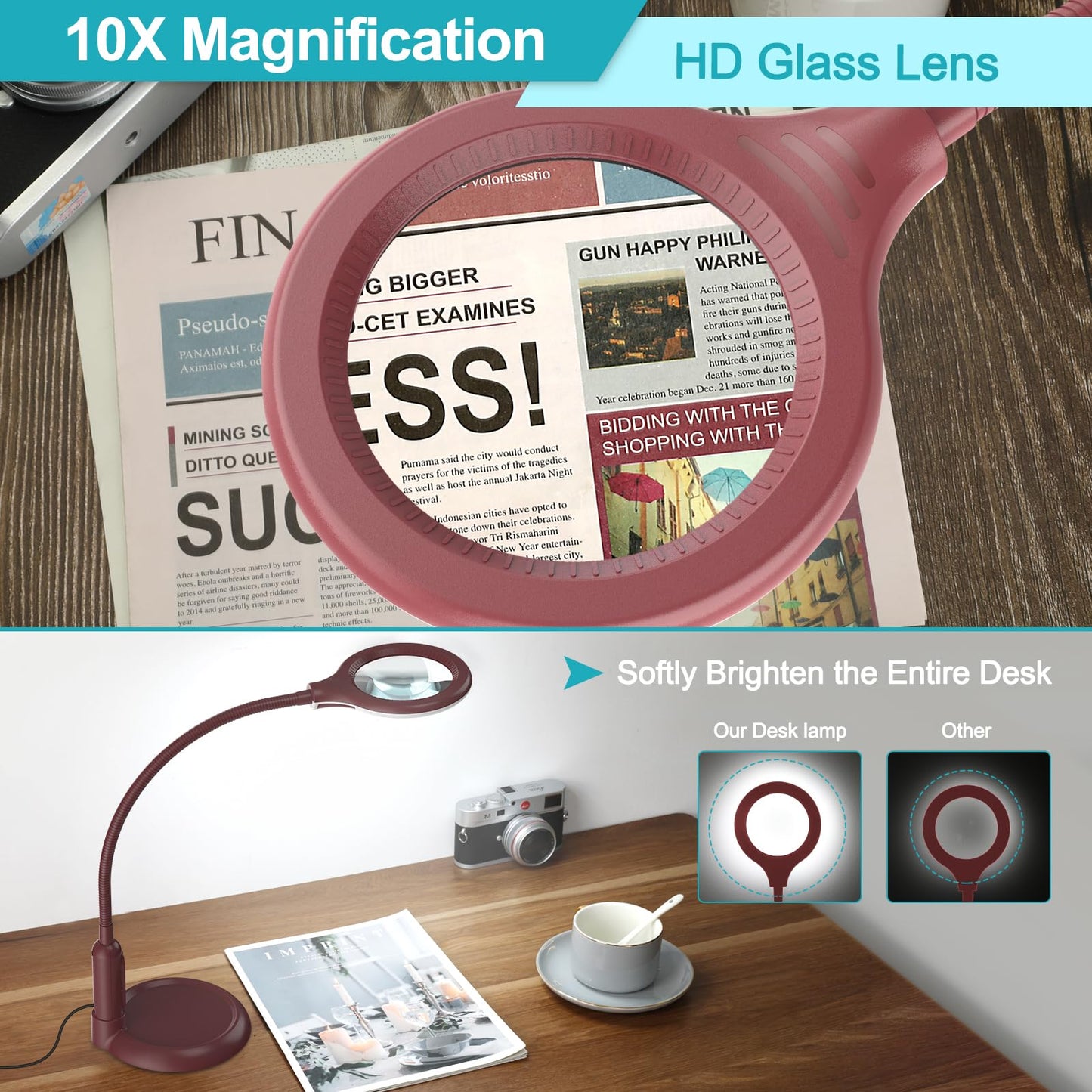TOMSOO 10X Magnifying Glass with Light, 5 Color Modes, Aluminum Clamp Stand, Flexible Gooseneck, Red, Model RKB41GTM