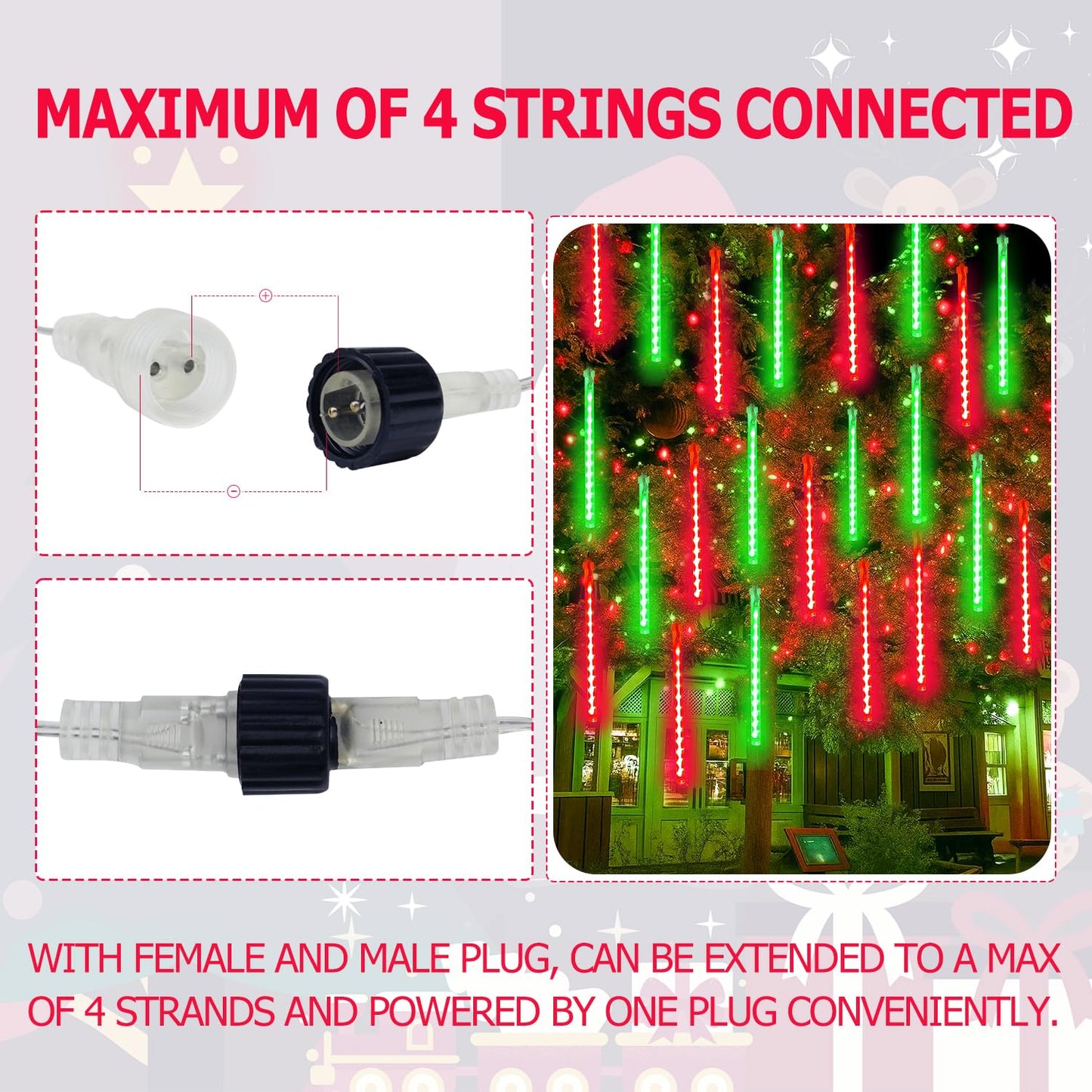 2-Pack Extendable Meteor Shower Christmas Lights Outdoor 16 Tubes 384 Leds Waterproof Falling Rain String Lights Christmas String Lights Outdoor For Tree Garden Holiday Decorations (Red And Green)