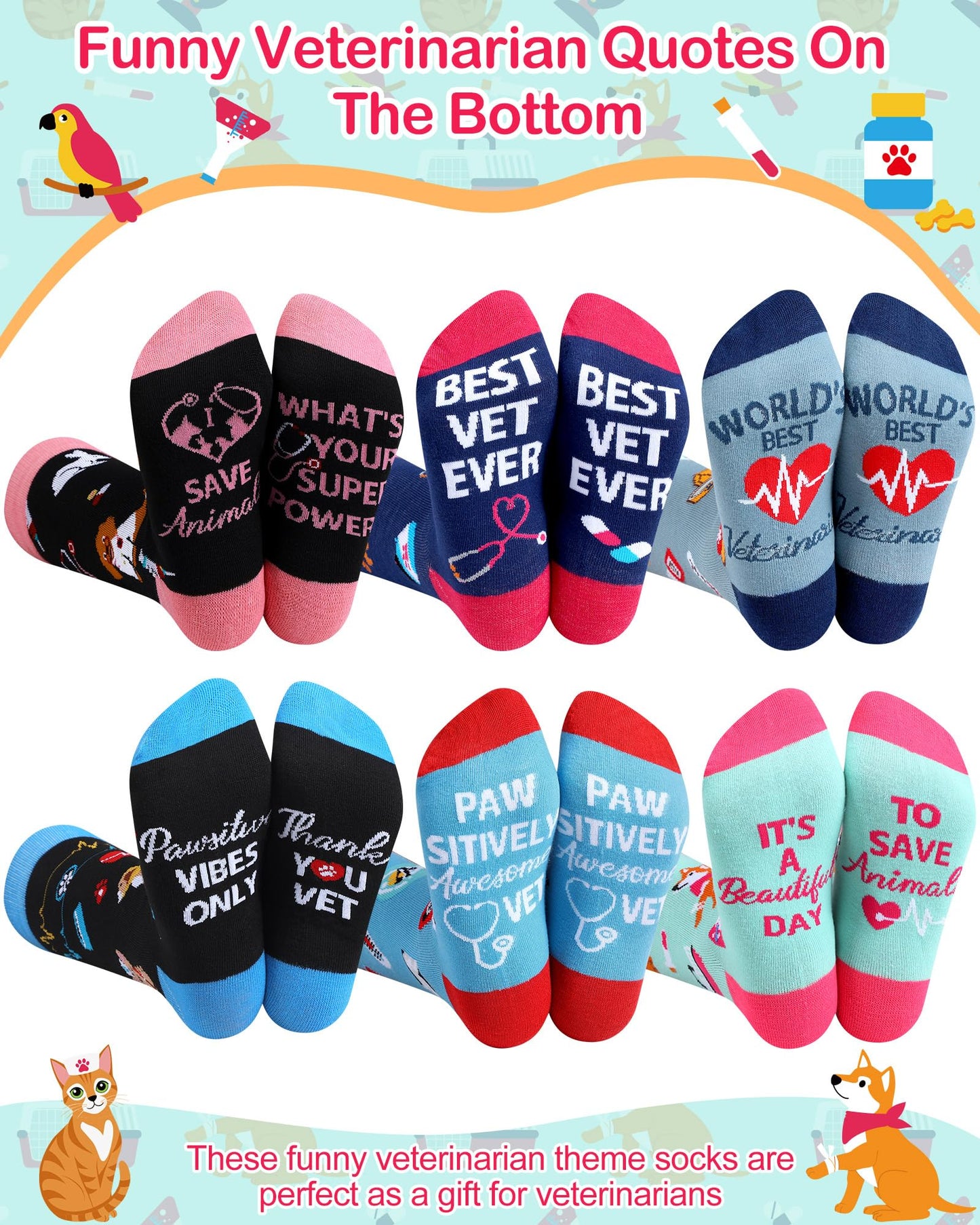 Skicuff 6 Pairs Veterinary Socks for Women Men Novelty Veterinarian Cotton Crew Socks Veterinary Week Gift for Pet Doctor Vet Tech