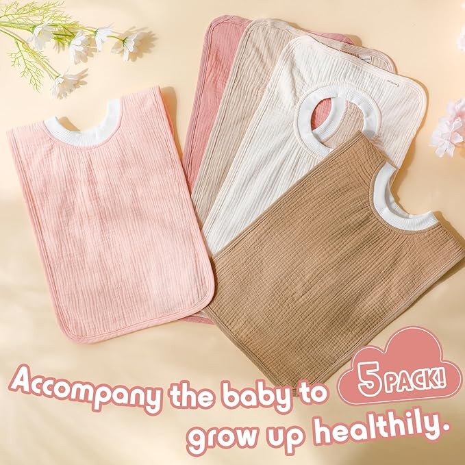 Newwiee 5 Pcs Large Muslin Pullover Baby Bibs Full Coverage Toddler Slip on Absorbent Bib Waterproof Toddler Towel Bibs (Cute Color)