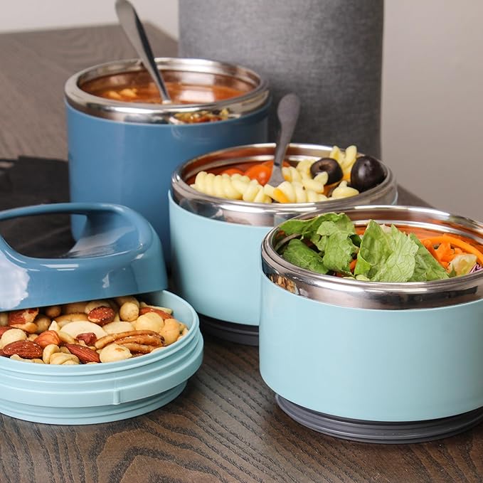 7Penn Insulated Lunch Box Containers 43 oz Capacity - 3 Tier Stackable Stainless Steel Thermal Lunch Box - Keep Warm Cylinder Adult Portable Insulated Lunch Container Set for Hot Food on the Go
