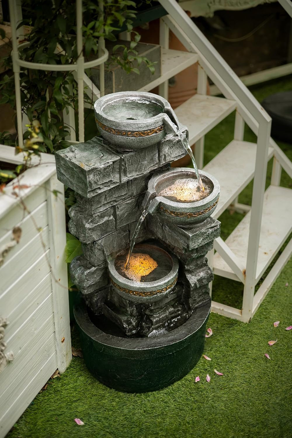 Cheng Pin Water Fountain Outdoor - 28 Inch Tall Cascading Bowls and Stacked Stones Design, Create Relaxing Waterfall Flow Water Feature for Outside Garden, Patio, Backyard